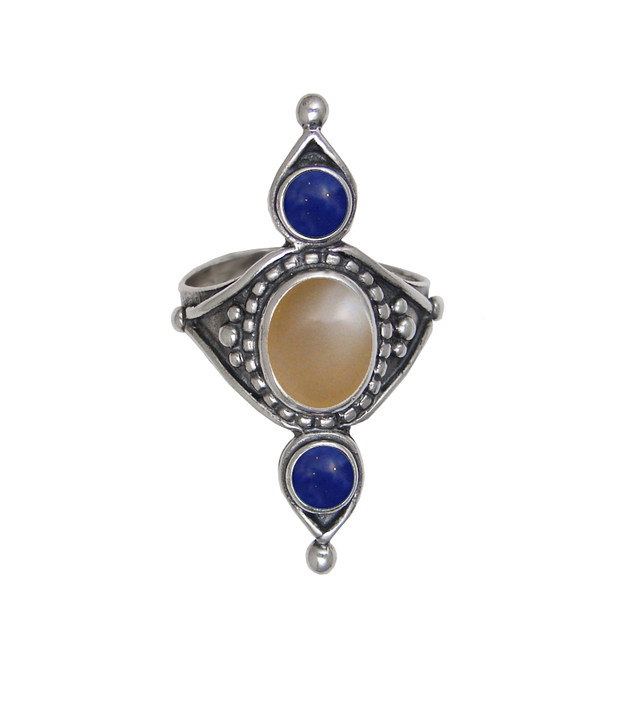 Sterling Silver Royal Ring With Peach Moonstone And Lapis Lazuli Size 10